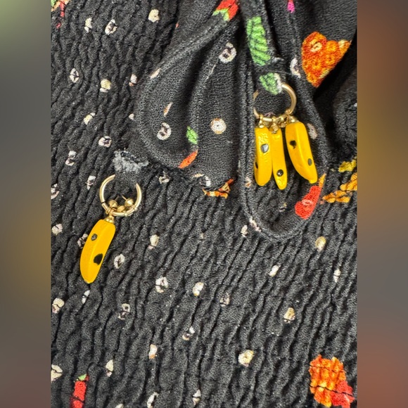 FARM RIO Dress Mini Tiny Fruits Smocked Puff Sleeve Ruffle Sz S Black Multicolor - Picture 6 of 9